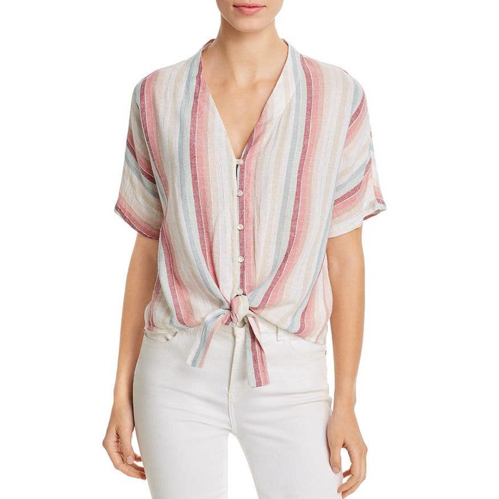 Elan Multicolor Striped V-Neck Tie Front Short Sleeve Top Womans Size Small